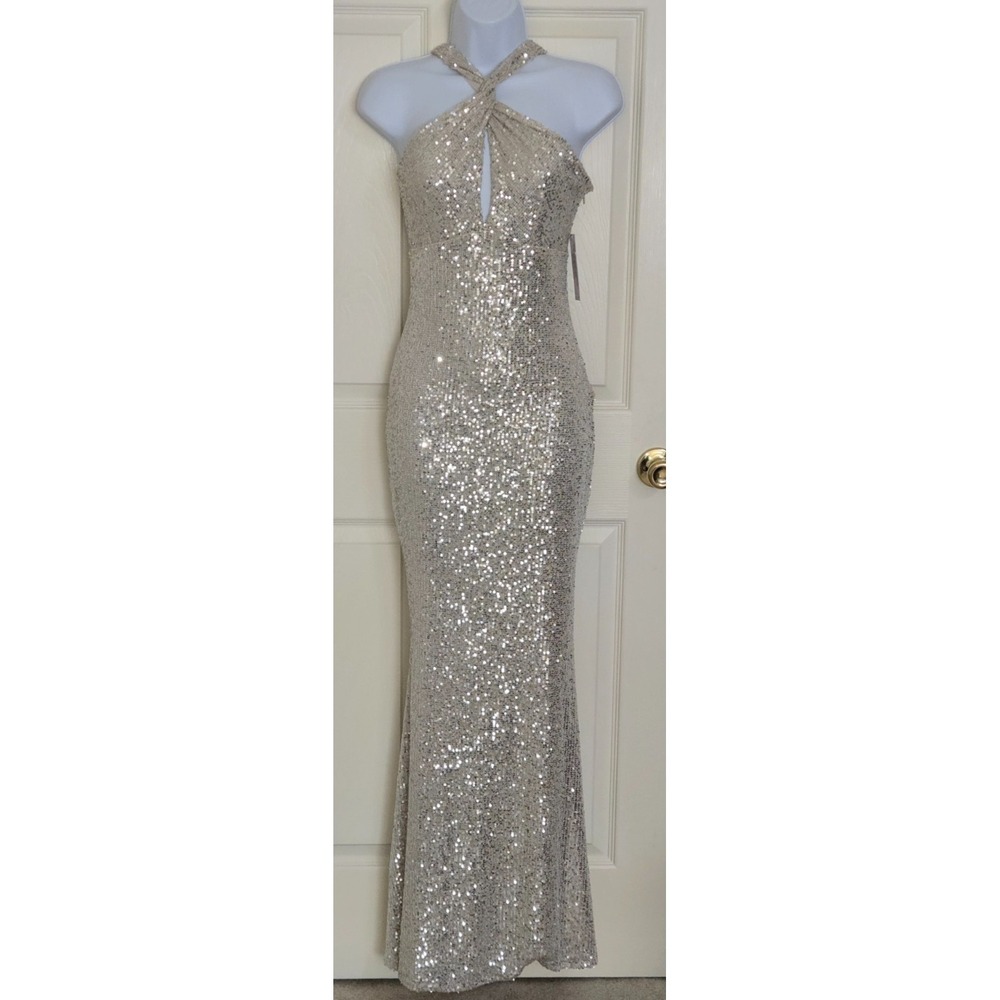 Venus Silver Sequin Keyhole Halter Gown Women's S Silver NWT